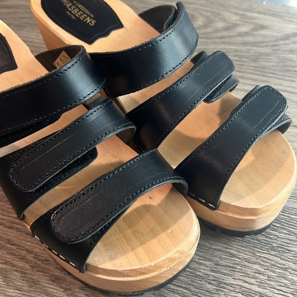 Swedish Hasbeens Wooden Strappy Leather Velcro Slip-On Platform Sandal - Picture 3 of 11